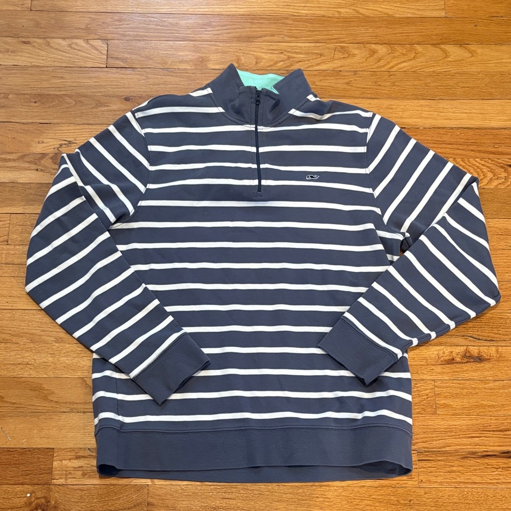 Vineyard Vines Men's Navy and White Striped Half-Zip Sweatshirt